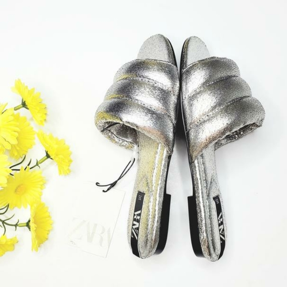 ZARA silver quilted flat sandals